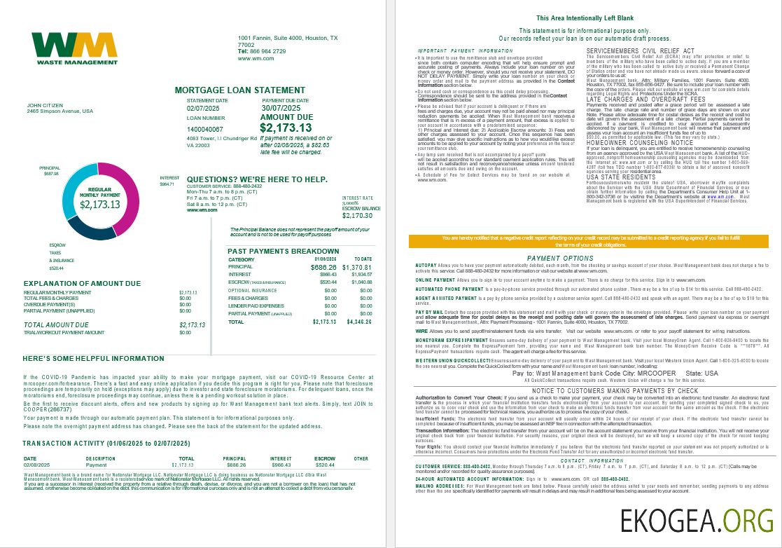 Relevé de prêt hypothécaire de la banque USA Waste Management aux formats Word et PDF, 4 pages 1, 2